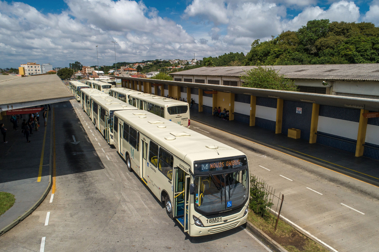 Foto aérea mostrando os novos ônibus enfileirados no terminal em Colombo