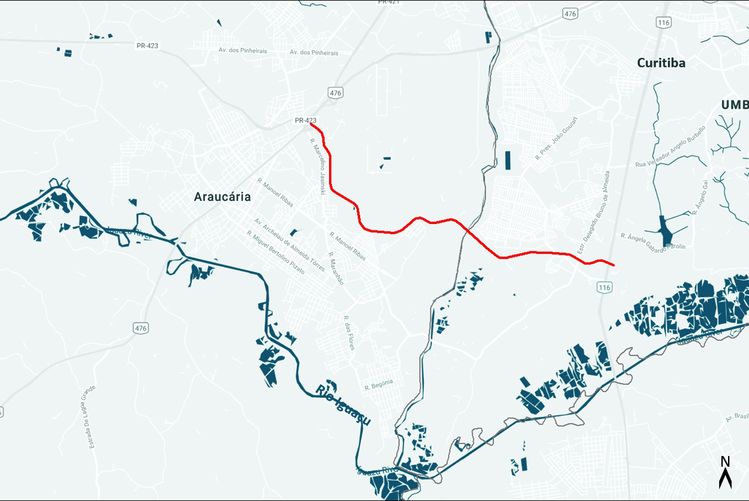 Mapa com o traçado do projeto destacado em vermelho