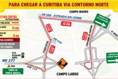 O Departamento de Estradas de Rodagem (DER-PR) informa que as equipes irão fazer a troca do pavimento da rodovia, entre o km 100 e o km 113 (sentido Curitiba) e entre os quilômetros 118 e 123 no sentido interior. 